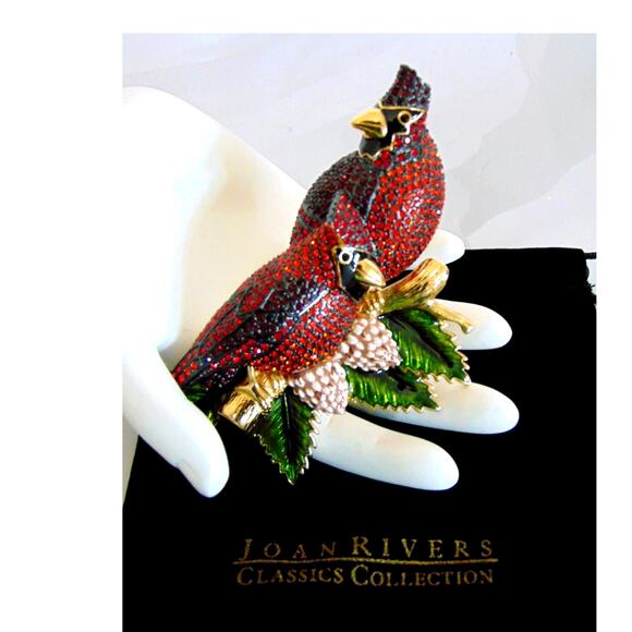 Joan Rivers BROOCH PIN Pair RED CARDINAL BIRDS Perched LG 4" Crystal Rhinestones - Picture 2 of 6
